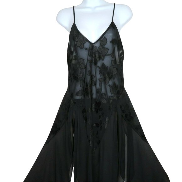 Vintage Sheer Chiffon Brocade Slip Nightgown M Black Sweeping Sheer Slit Panels - Picture 1 of 10